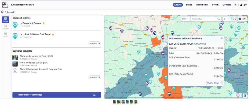 Accueil observatoire de l'eau avec vision d'une station de débit et hauteur