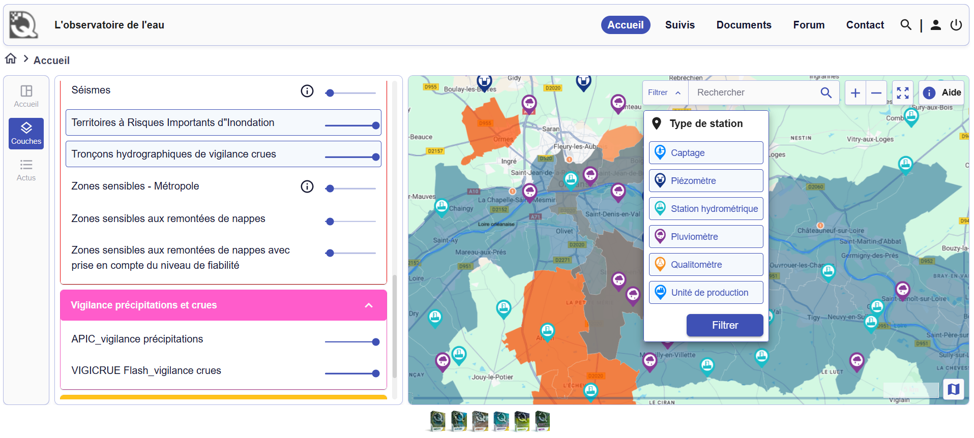 Observatoire de l’eau Aquasys avec cartographie interactive et filtres de données