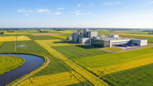 Site industriel agroalimentaire à proximité de parcelles agricoles irriguées, symbole des enjeux hydriques territoriaux