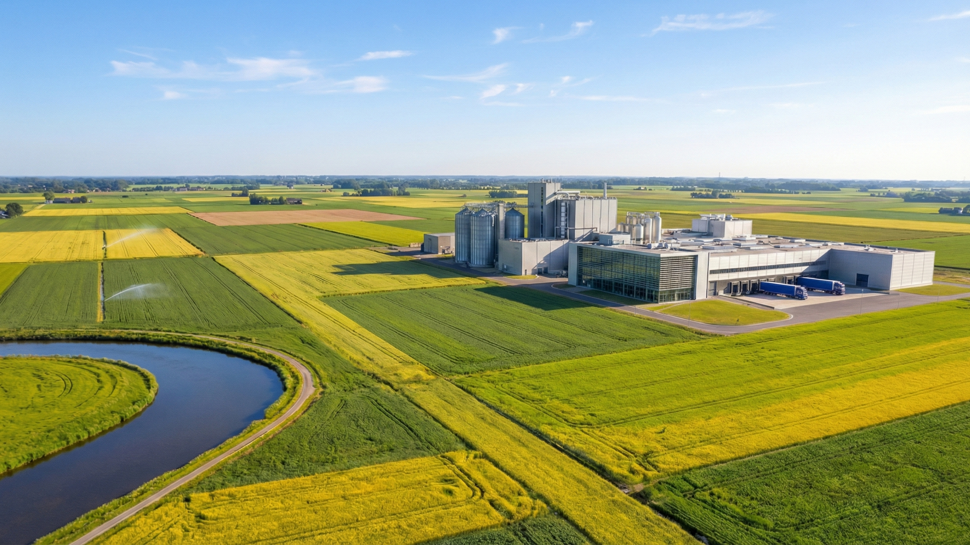 Site industriel agroalimentaire à proximité de parcelles agricoles irriguées, symbole des enjeux hydriques territoriaux