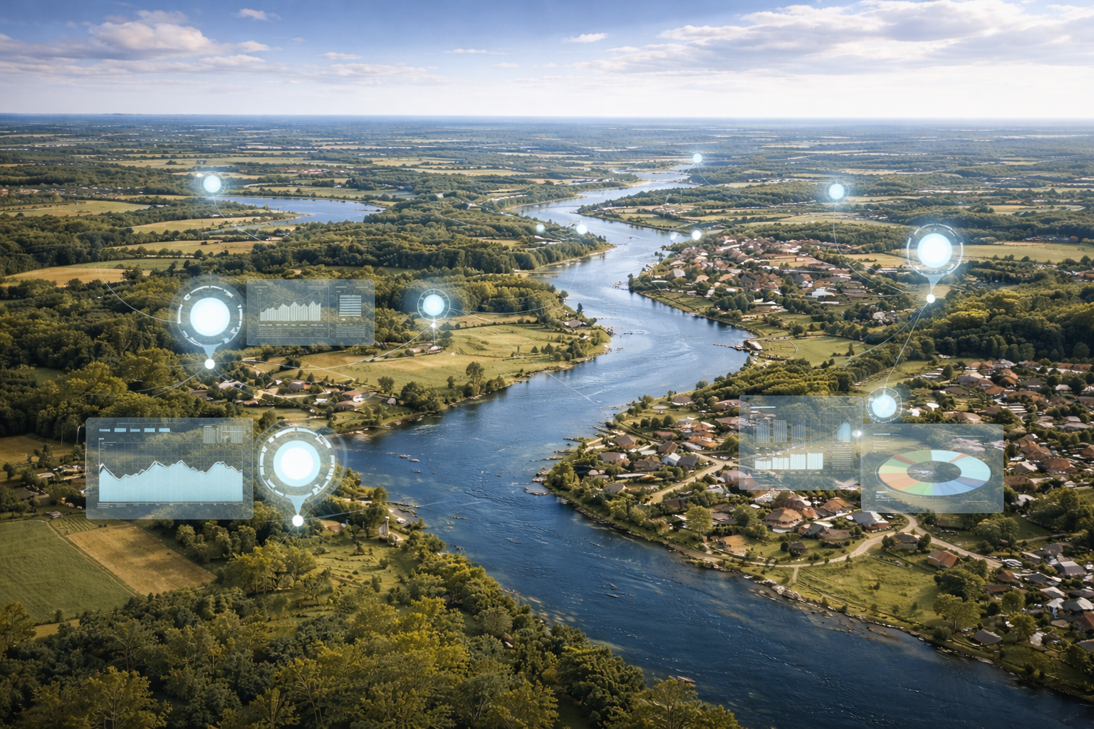 Paysage de riviere avec superposition d indicateurs illustrant la visualisation et la contextualisation des donnees de qualite de l eau